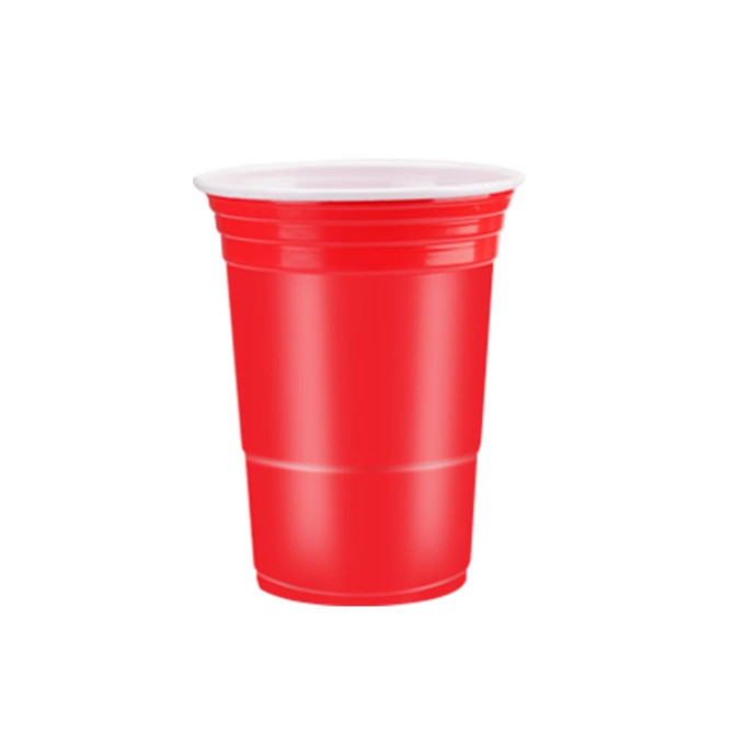 A set of red party cups stacked together, featuring a smooth surface and a shiny finish.