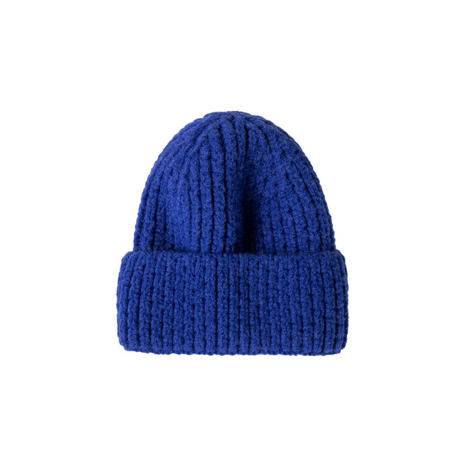 A blue twisted cable cuffed beanie with a textured pattern and a folded brim. It features a logo detail.