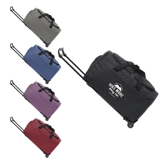 A wheeled duffel bag in grey, blue, purple, red, and black, featuring a logo on the side.