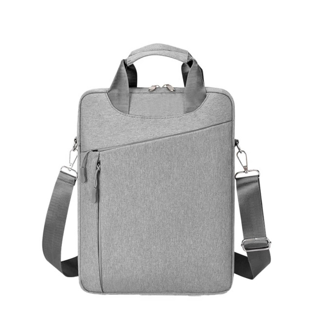 A grey business sling laptop bag with a handle, shoulder strap, and front zippered pocket. It features a logo.