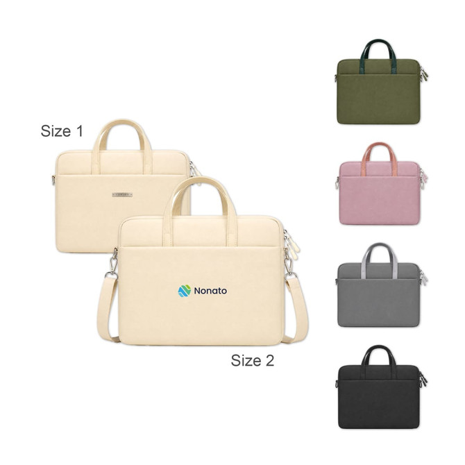 A laptop bag with a buffer pad, available in cream, grey, green, pink, and a muted tone, featuring a logo.
