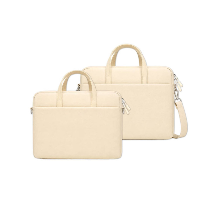 A cream-coloured laptop bag set featuring a main bag with handles and a slim bag with a shoulder strap, both with a logo.