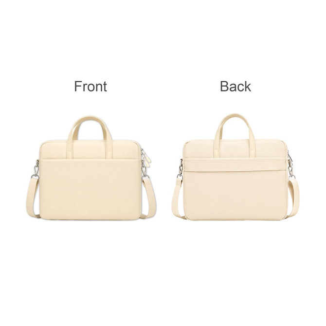 A cream laptop bag with handles, displaying the front and back views, featuring a logo.