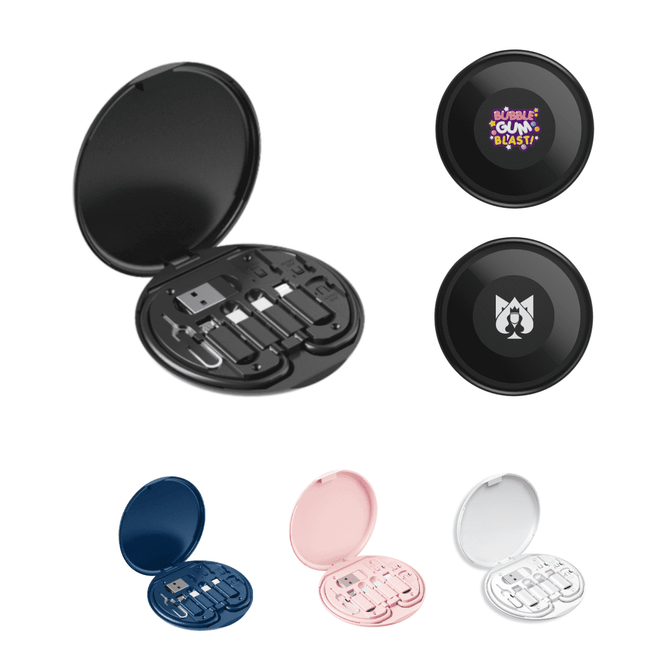 A black circular case containing various cable connectors. Available in multiple colours including navy blue, pink, and white.