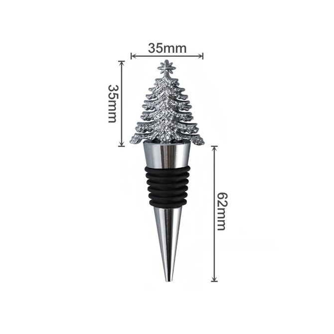A drink bottle stopper featuring a festive silver Christmas tree design with a black silicone base.