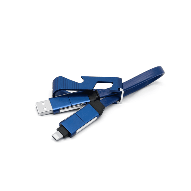 A blue 60W charging cable with a phone stand and opener, featuring a branded logo.