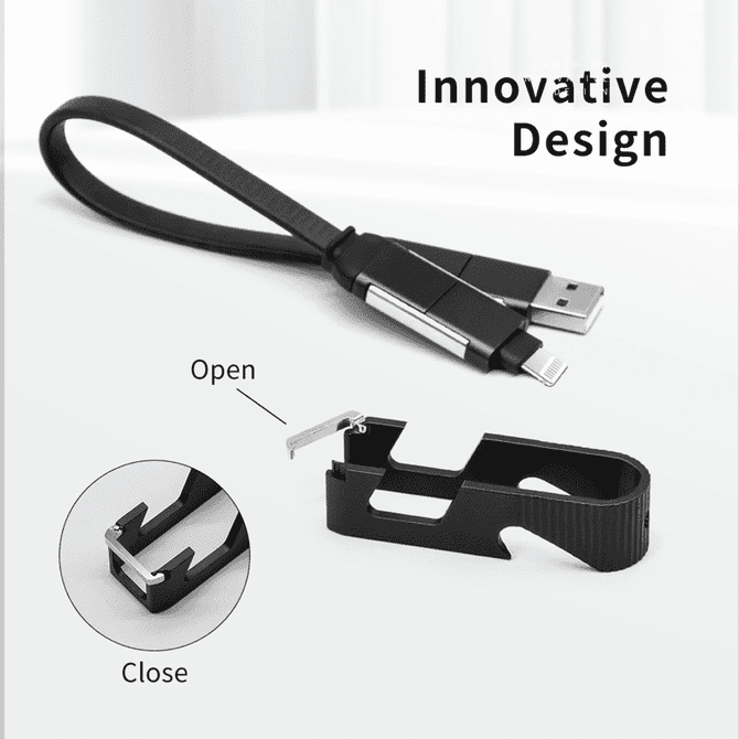 A black 60W charging cable featuring a phone stand and opener, with a sleek, innovative design.