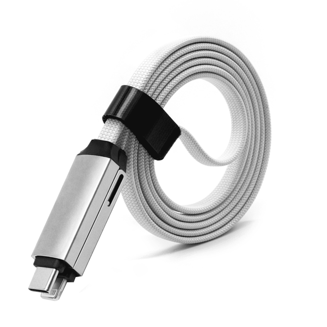 A long, grey 3-in-1 charging cable with a sturdy connector and a strap for organisation. It has a branding logo.