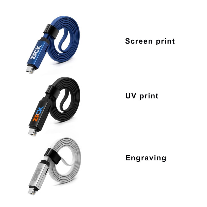 A 60W Long 3-In-1 Charging Cable in blue, black, and grey, featuring different printing options and a logo.