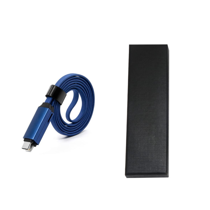 A blue 60W long charging cable with a textured design, coiled and presented alongside a sleek black box.