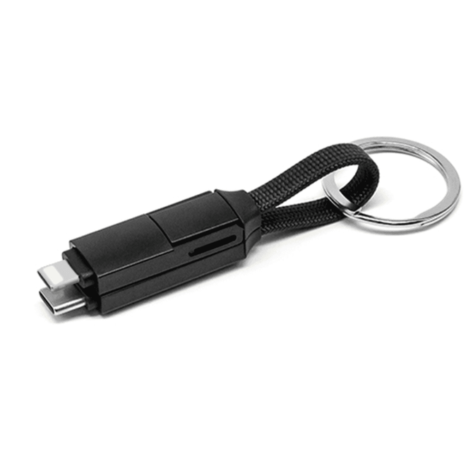 A black 3-in-1 charging cable with a keyring attachment, featuring multiple connector types.