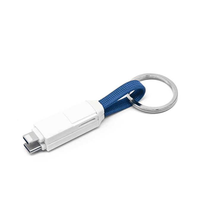 A white 3-in-1 charging cable with a blue keychain loop attached. It includes multiple connector types.