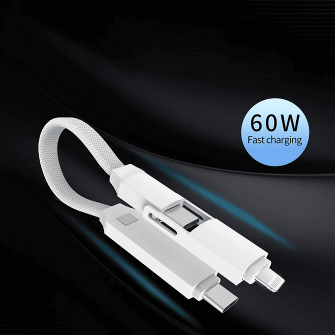 A 60W 3-in-1 ABS charging cable in white, featuring multiple connectors and a sleek design, displayed on a dark background.