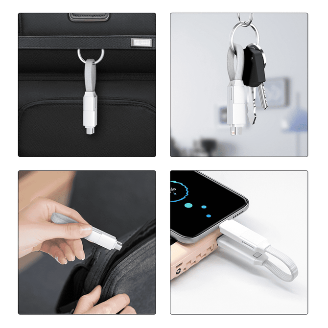 A 60W 3-In-1 ABS charging cable in white, shown with keys, attached to a bag, and connecting to a phone.