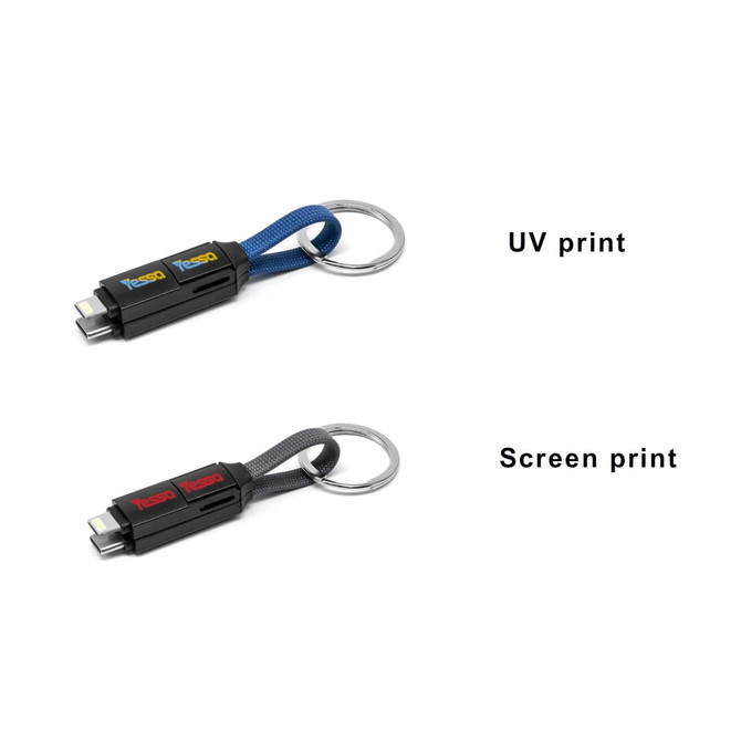 A 60W 3-in-1 ABS charging cable in black with a blue strap and keyring attachment, featuring two print options.