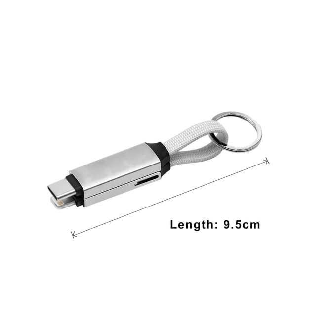 A 60W 3-in-1 aluminium charging cable with a silver finish, featuring a keyring attachment and measuring 9.5 cm.