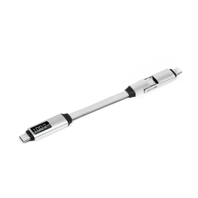 A 100W 3-in-1 aluminium charging cable in silver, featuring a digital display and various connectors.