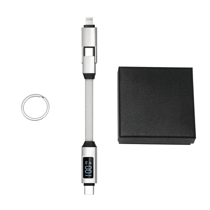 A 100W 3-in-1 aluminium charging cable with a digital display, alongside a black presentation box and keyring.
