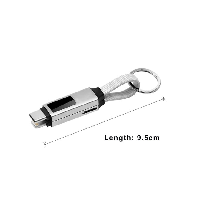 A 100W 3-In-1 aluminium charging cable in silver with a digital display and attached keyring.