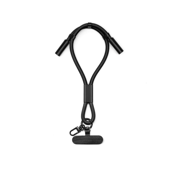 A black charging phone strap with two connectors and a clip attachment. It features a sleek, flexible design.