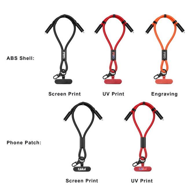 A collection of five 60W Charging Phone Straps in black, red, and orange, featuring various print options and a logo.