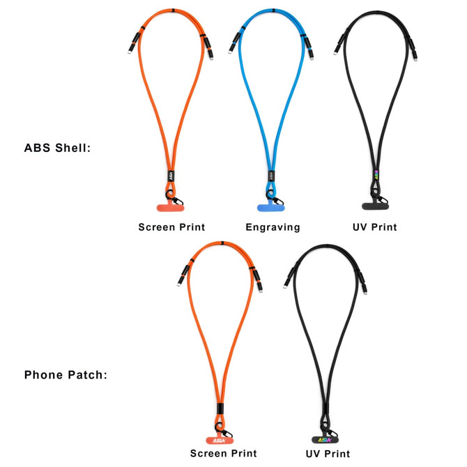 A range of 60W charging phone lanyards in black, orange, and blue, featuring different design options and logos.