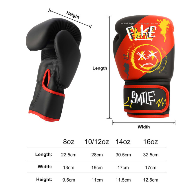 Adult training boxing gloves in black with red accents and a graphic design. Features measurements for various sizes.