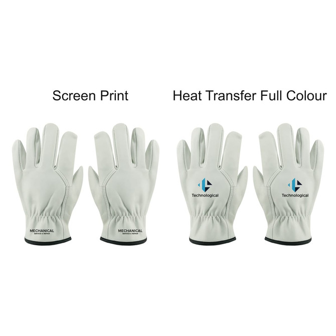 Three pairs of light grey leather work gloves displayed, featuring two different types of printing designs and a logo.
