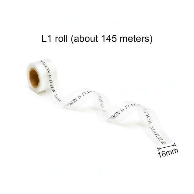 A white screen printed TPU soft ribbon roll, approximately 145 meters long and 16 mm wide, with a logo visible.