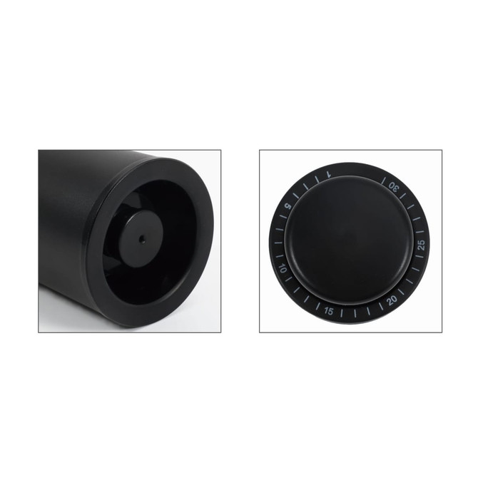 A black push-type wine stopper with a circular scale on top. Features a sleek, modern design and has a logo.
