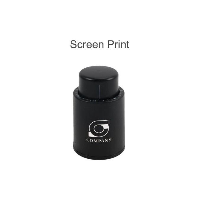 A black push button wine stopper with a scale, featuring a logo on the front.