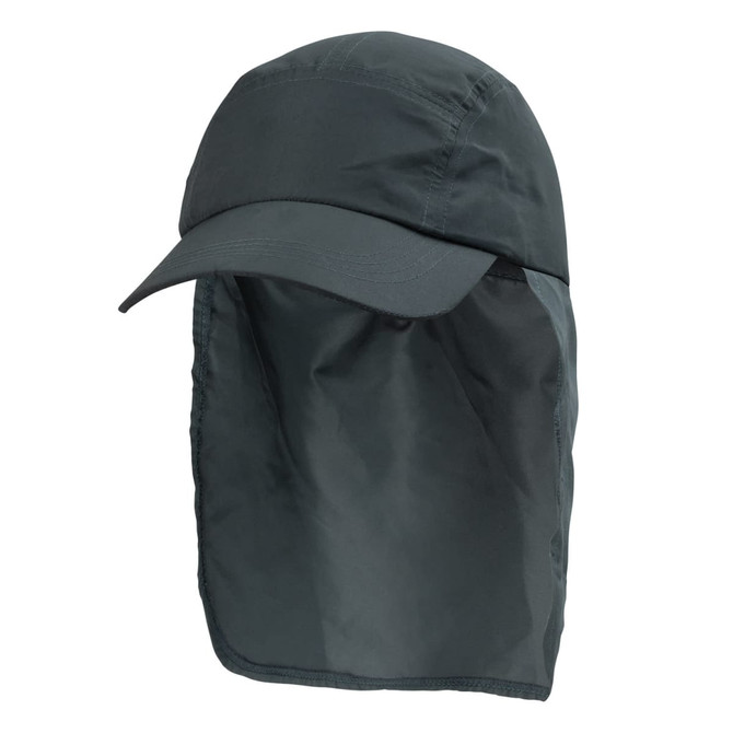 A legionnaire hat in dark green, featuring a wide brim and a protective neck flap, with a logo on the side.