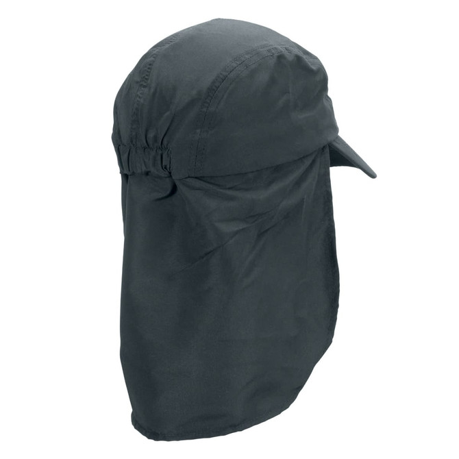 A dark grey Legionnaire hat with a wide brim and neck flap, featuring an elasticised back for a snug fit.