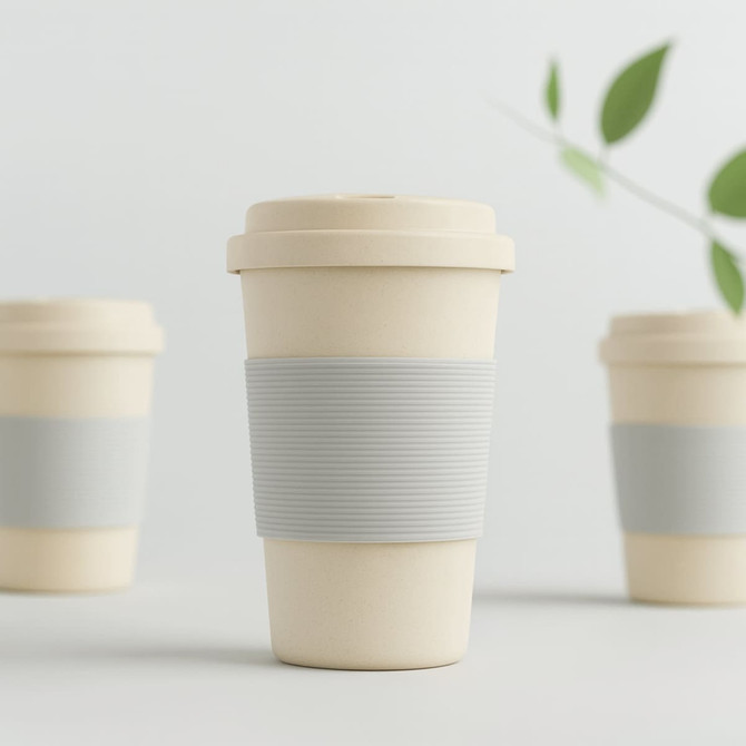 A drink bottle featuring a light beige bamboo fibre design with a grey silicone sleeve. It has a logo on the front.