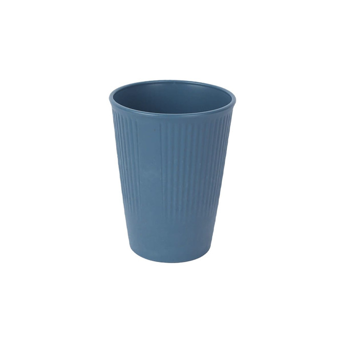 A blue, ribbed cup made from wheat straw, featuring a logo on one side.
