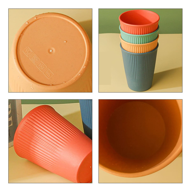 A set of four 320ML wheat straw toothbrush cups in orange, green, and blue with a textured ribbed design. One cup's interior is visible.
