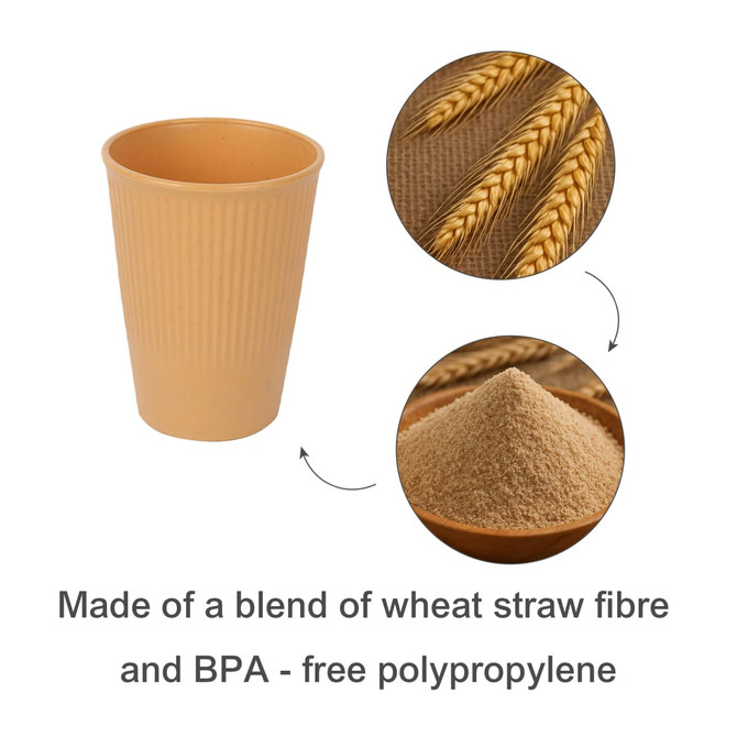 A wheat straw toothbrush cup in a natural beige colour, featuring a ribbed design and a logo.