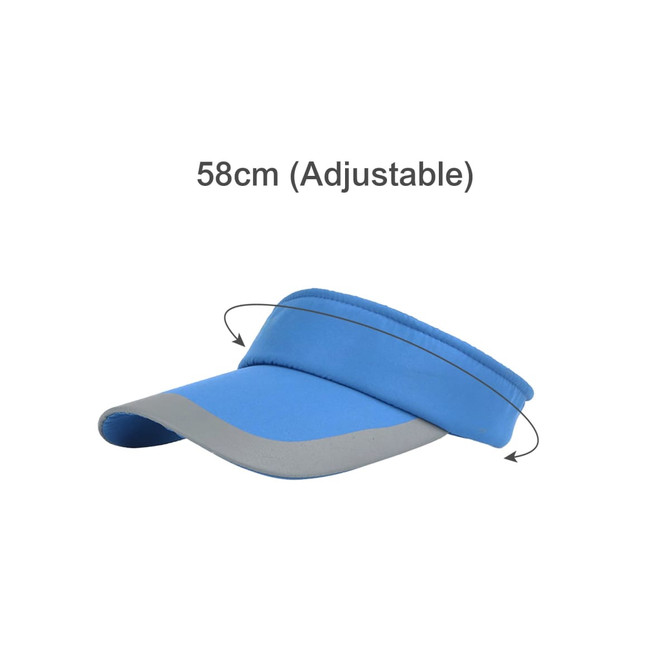 A blue and grey adjustable sun visor with a wide brim and a padded headband, including a logo.