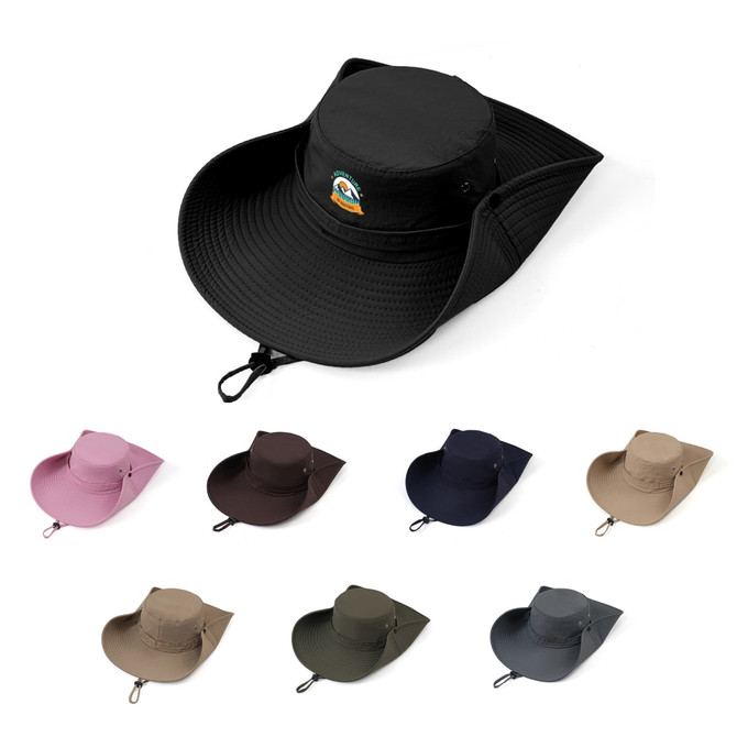 A wide-brim sun hat in black, with a logo, accompanied by hats in pink, tan, brown, navy, and grey.
