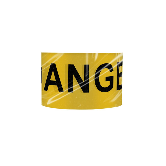Yellow barrier tape with bold black text, featuring a logo, typically used for warning or safety purposes.