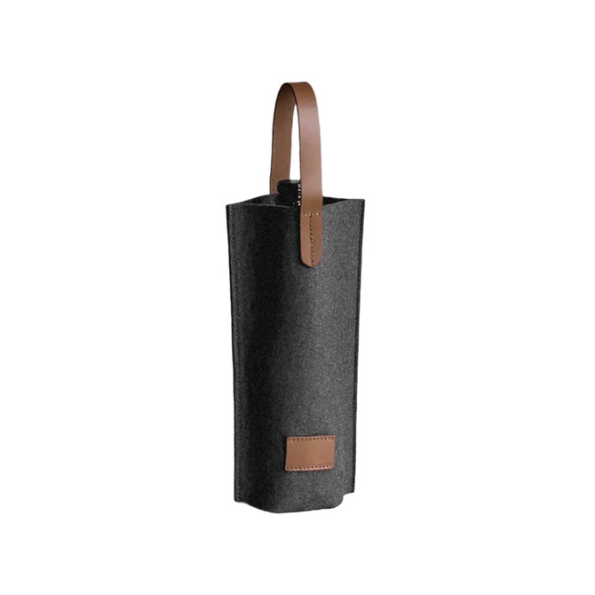 A drink bottle bag in dark grey felt with a brown leather handle and accent. It features a simple logo.