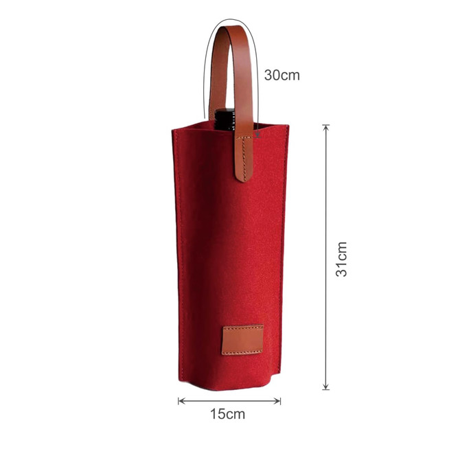 A red felt wine bag with a brown leather handle, measuring 30cm high and 15cm wide.