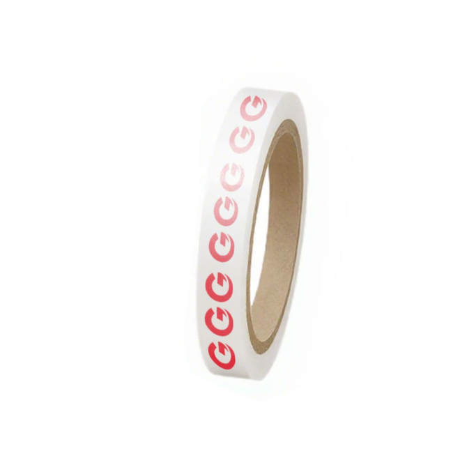 A roll of BOPP white packaging tape with a logo in red, featuring a smooth finish and a core centre.