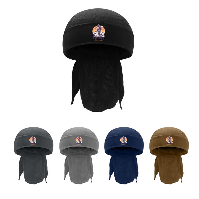 A cycling bandana hat in black, grey, navy, and brown, featuring a logo on the front. 