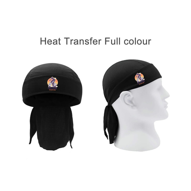 A black cycling bandana hat with a mesh design and a logo displayed on the front.