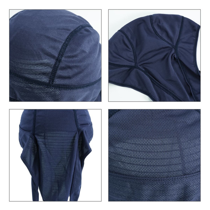 A navy cycling bandana hat with mesh detailing and a logo, featuring a snug fit for comfort.
