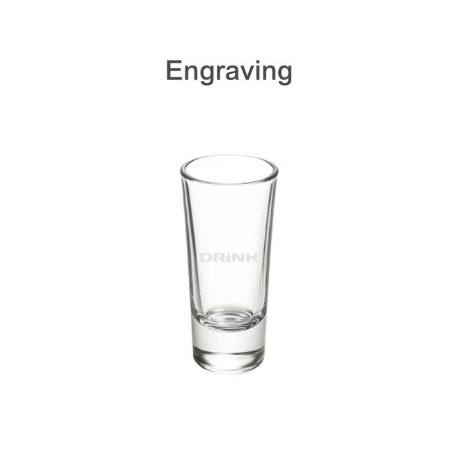 A set of six clear 60ml shot glasses, each featuring a simple design and a branding logo.