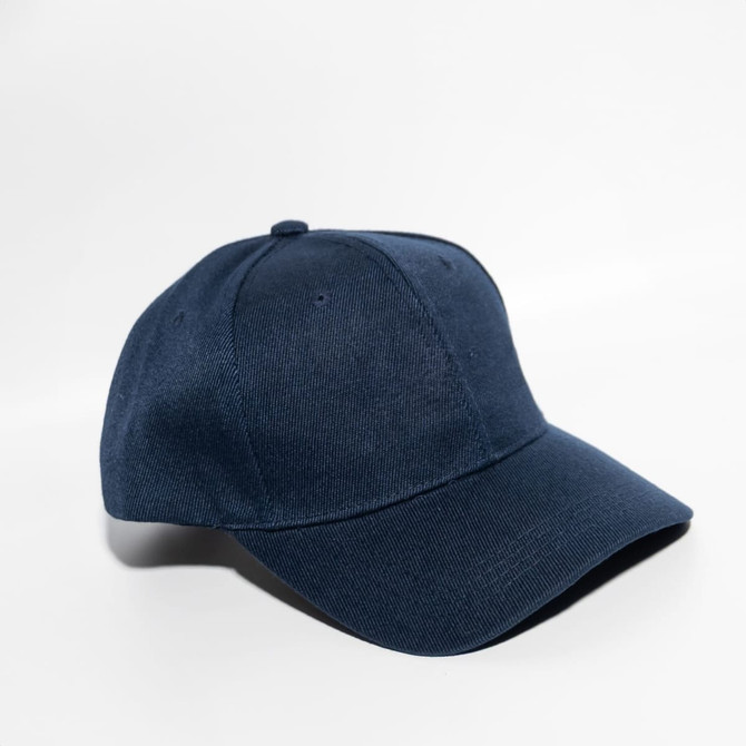 A navy blue ripstop strapback baseball cap with a structured crown and a curved brim, featuring a logo.