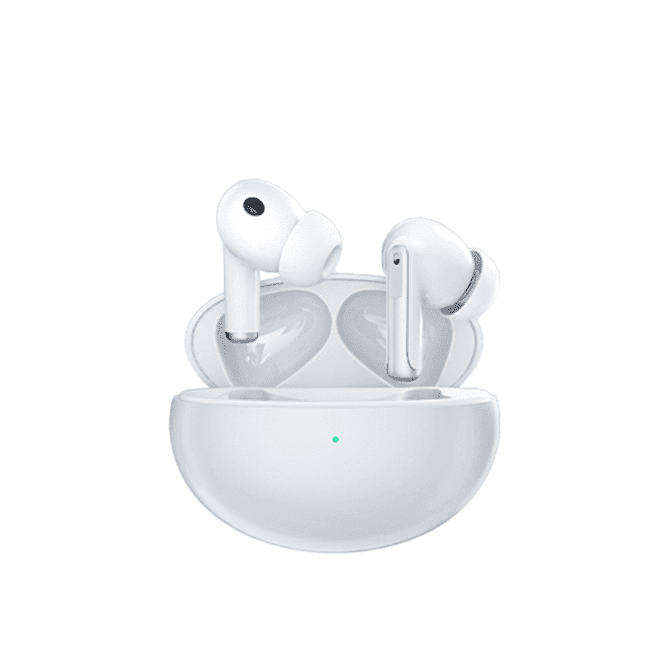 Active noise cancelling wireless earbuds in white, housed in a matching charging case, featuring a logo.