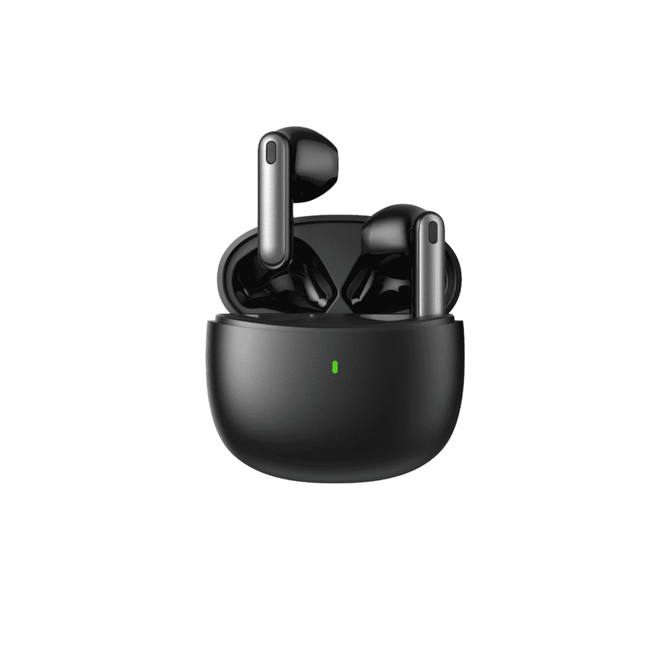 Semi in-ear wireless earbuds in a sleek black charging case, featuring a green LED light and modern design.